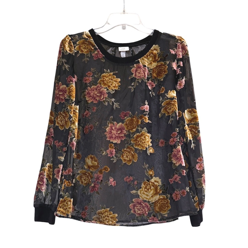 Womens Sheer Floral Earth Tone Burnout Velvet Blouse Top Black Gold M Fall Goth